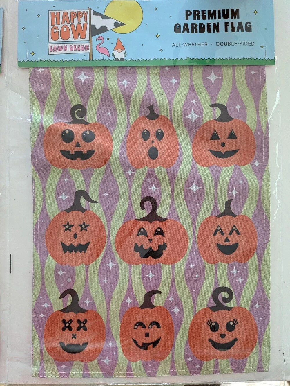 Set of 2 Happy Cow Halloween Garden Flags Retro Pastel Pumpkins & Dripping Jack-